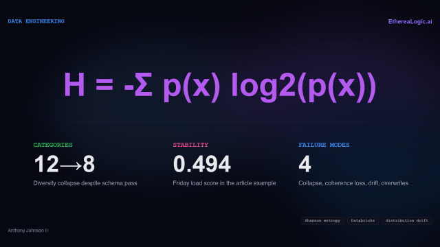 Shannon entropy formula with supporting metrics: categories collapsing from 12 to 8, a stability score of 0.494, and four failure modes covered in the article.